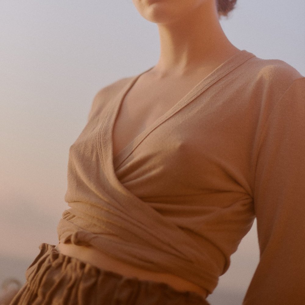 OZMA DANCE WRAP TOP, TEA, $158, IMPERFECT MEDIUM